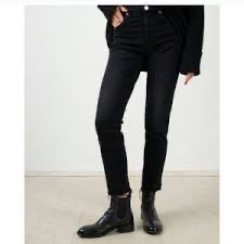 Amo Jeans Women's Raw Hem High Waist Babe Wash Jett Black Button Fly Jeans Sz 28